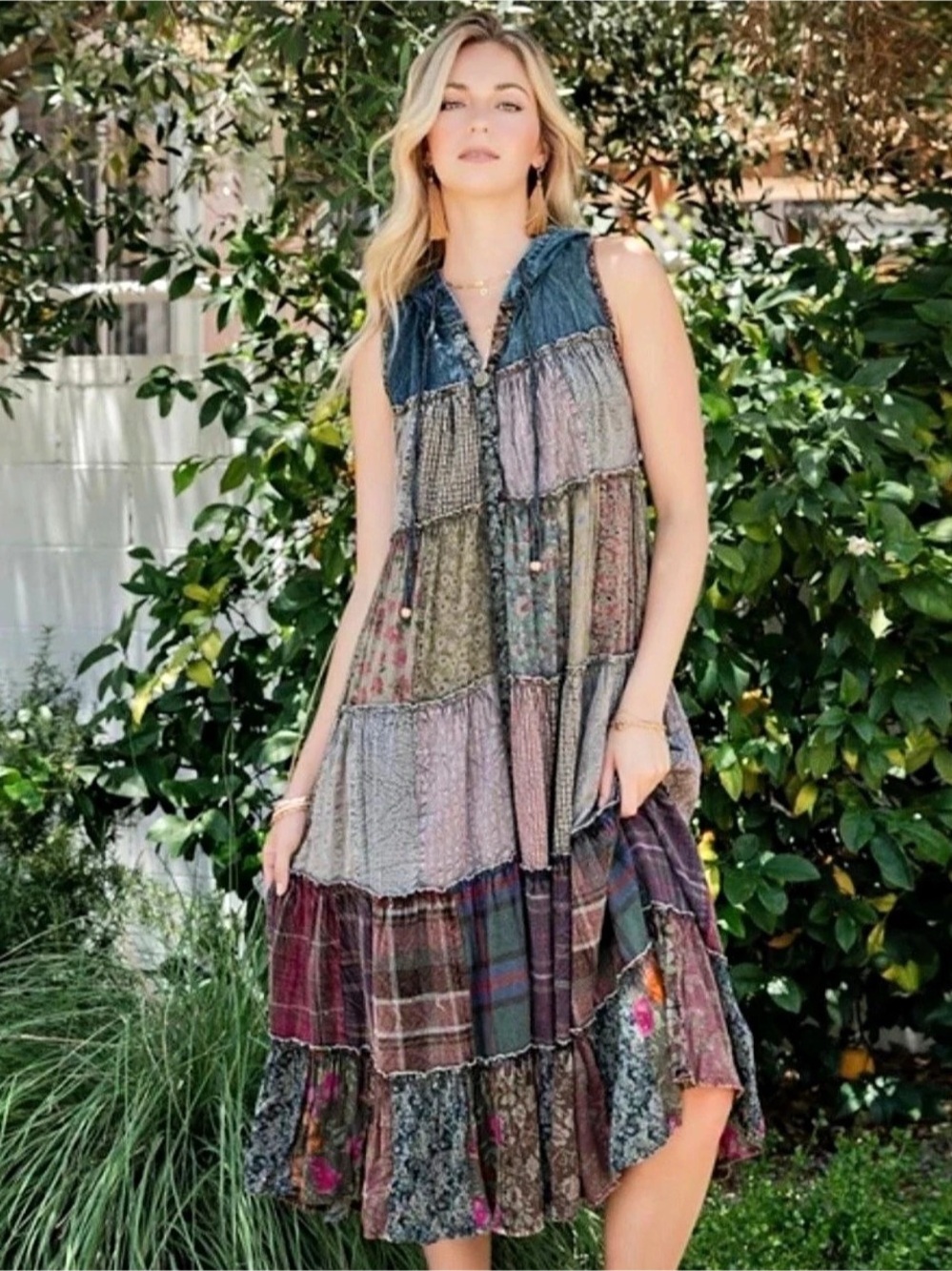 Young Threads Patchwork Hooded Maxi Dress in Multicolor Size Small NWT